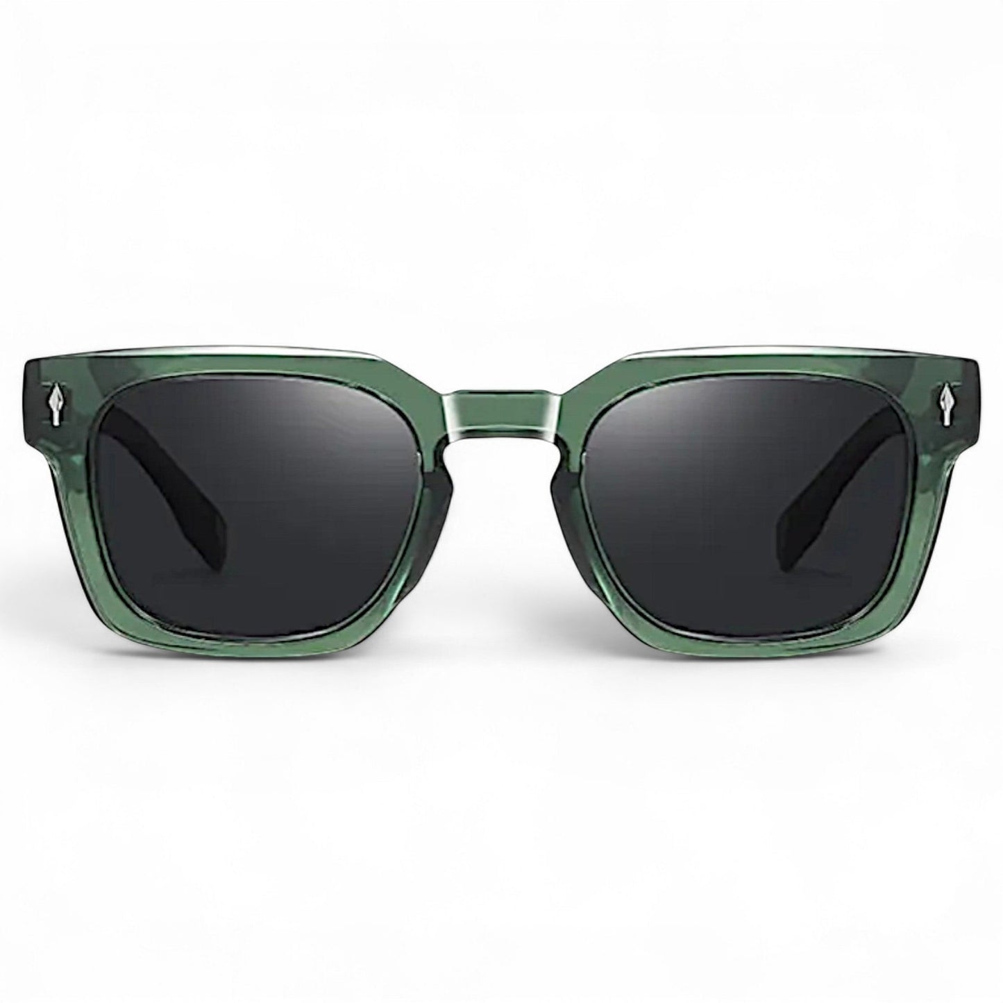 nadaraty eyewear Horus Milano H 158 square green acetate sunglasses with dark lenses and silver accents.