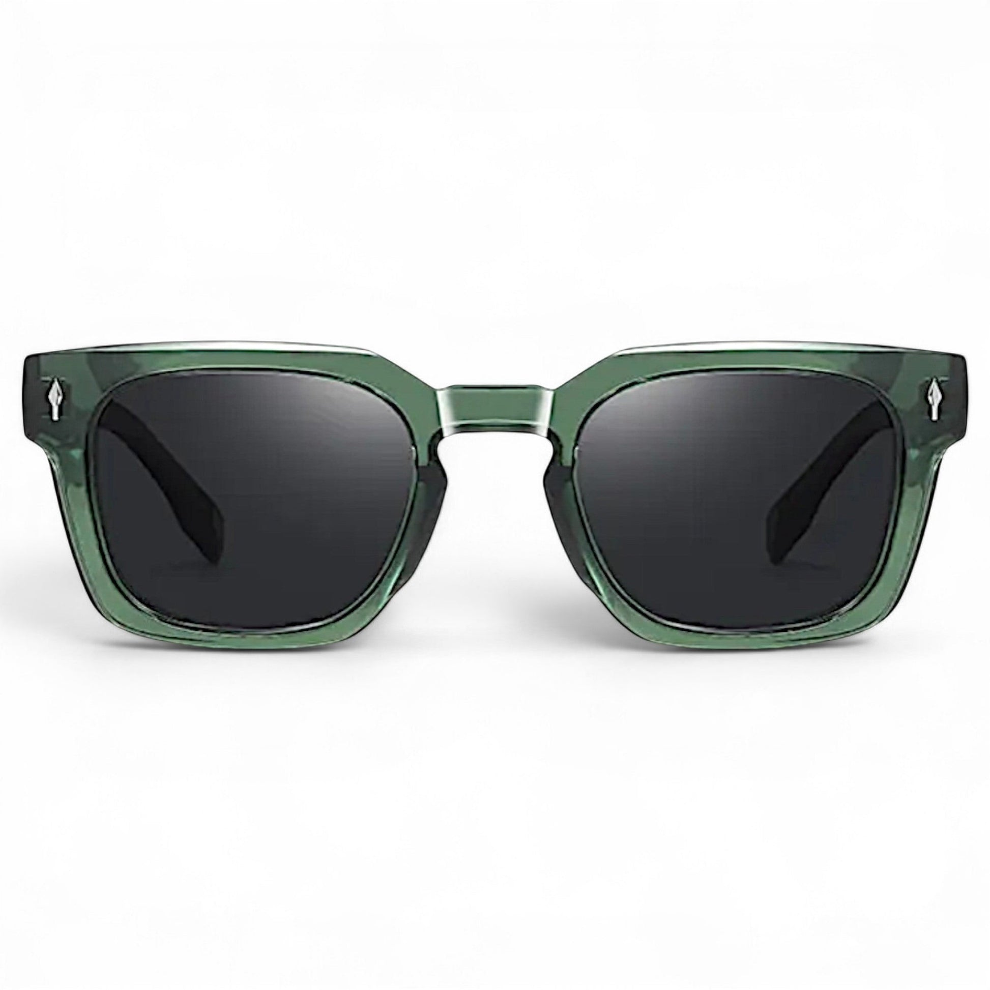 nadaraty eyewear Horus Milano H 158 square green acetate sunglasses with dark lenses and silver accents.