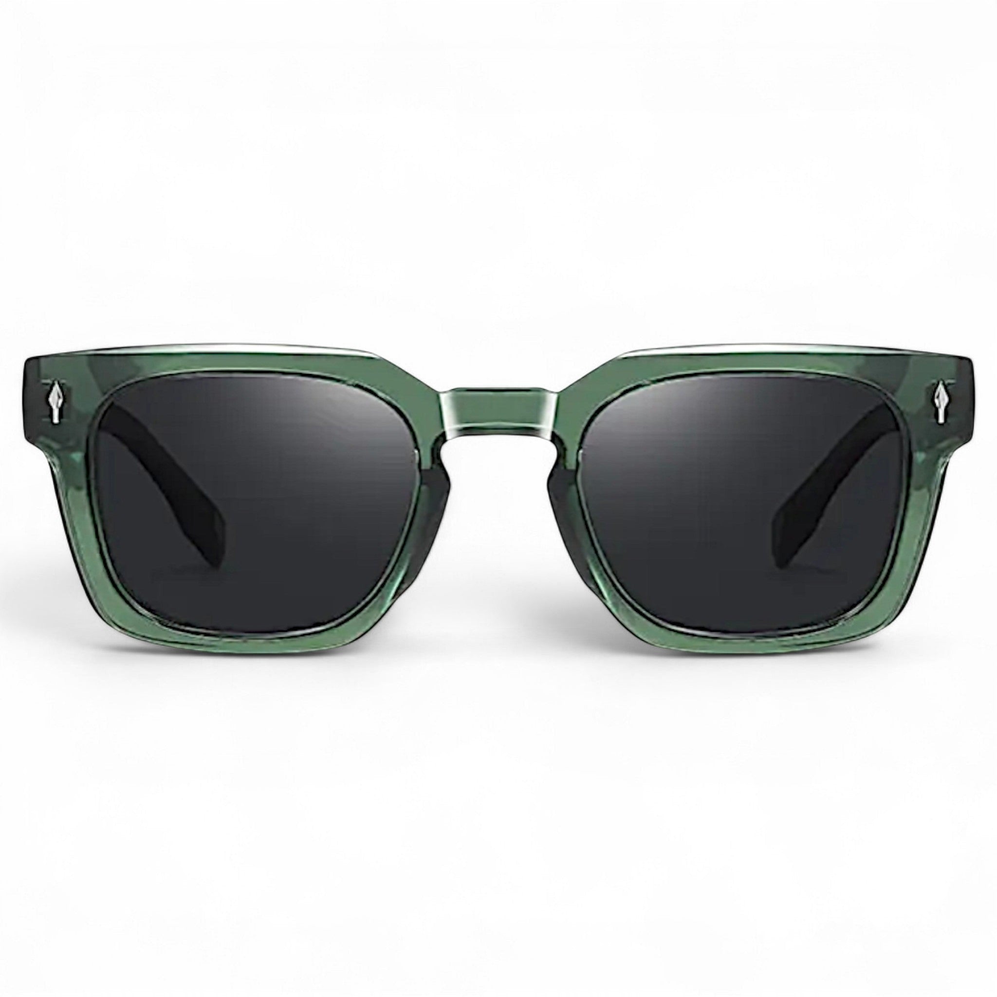 nadaraty eyewear Horus Milano H 158 square green acetate sunglasses with dark lenses and silver accents.