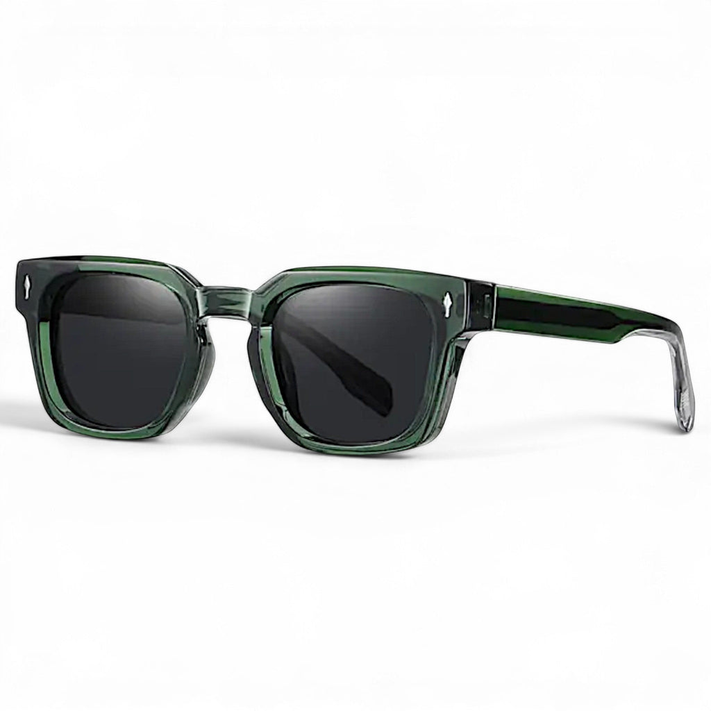 nadaraty eyewear Horus Milano H 158 square green acetate sunglasses with dark lenses and silver accents.