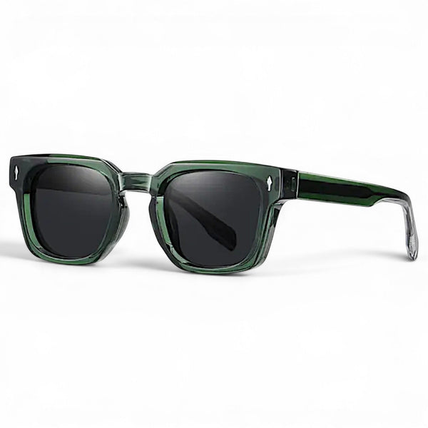 nadaraty eyewear Horus Milano H 158 square green acetate sunglasses with dark lenses and silver accents.
