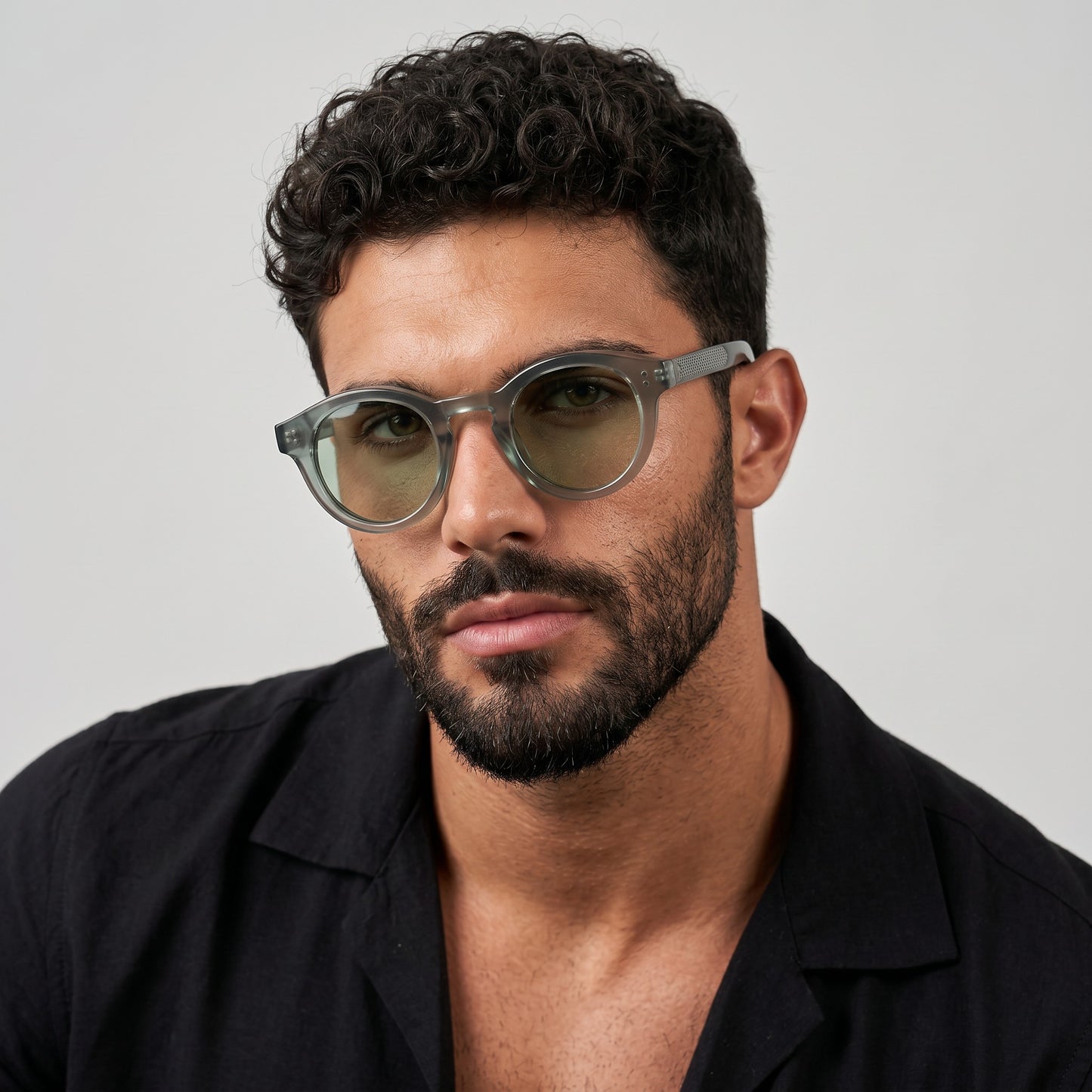 nadaraty eyewear Horus Rift H 151 grey polycarbonate rounded unisex sunglasses with light green lenses.