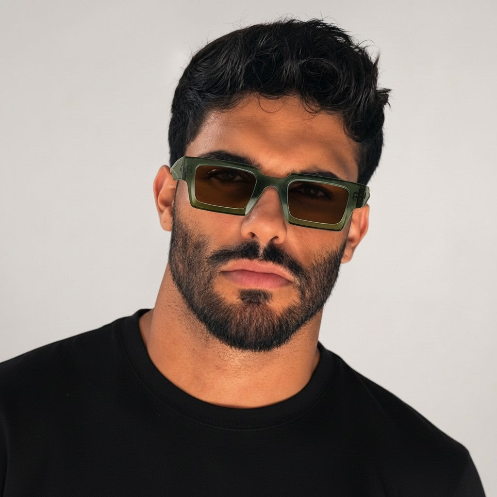 nadaraty eyewear Horus Speed bold rectangular sunglasses in olive green with brown lenses. Unisex, modern aesthetic.