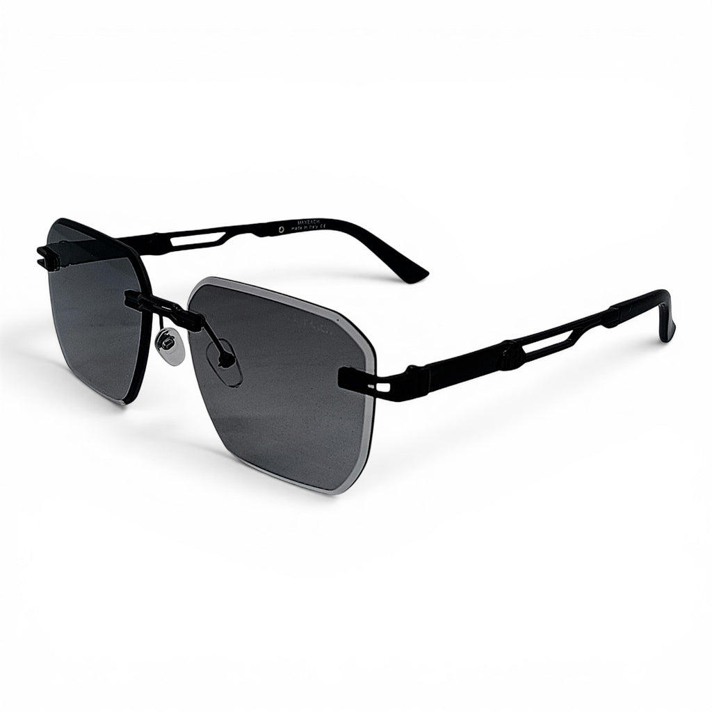 nadaraty eyewear May 02 photocromic blue cut lenses, rimless polygonal design, black metal frame, adaptable tint.