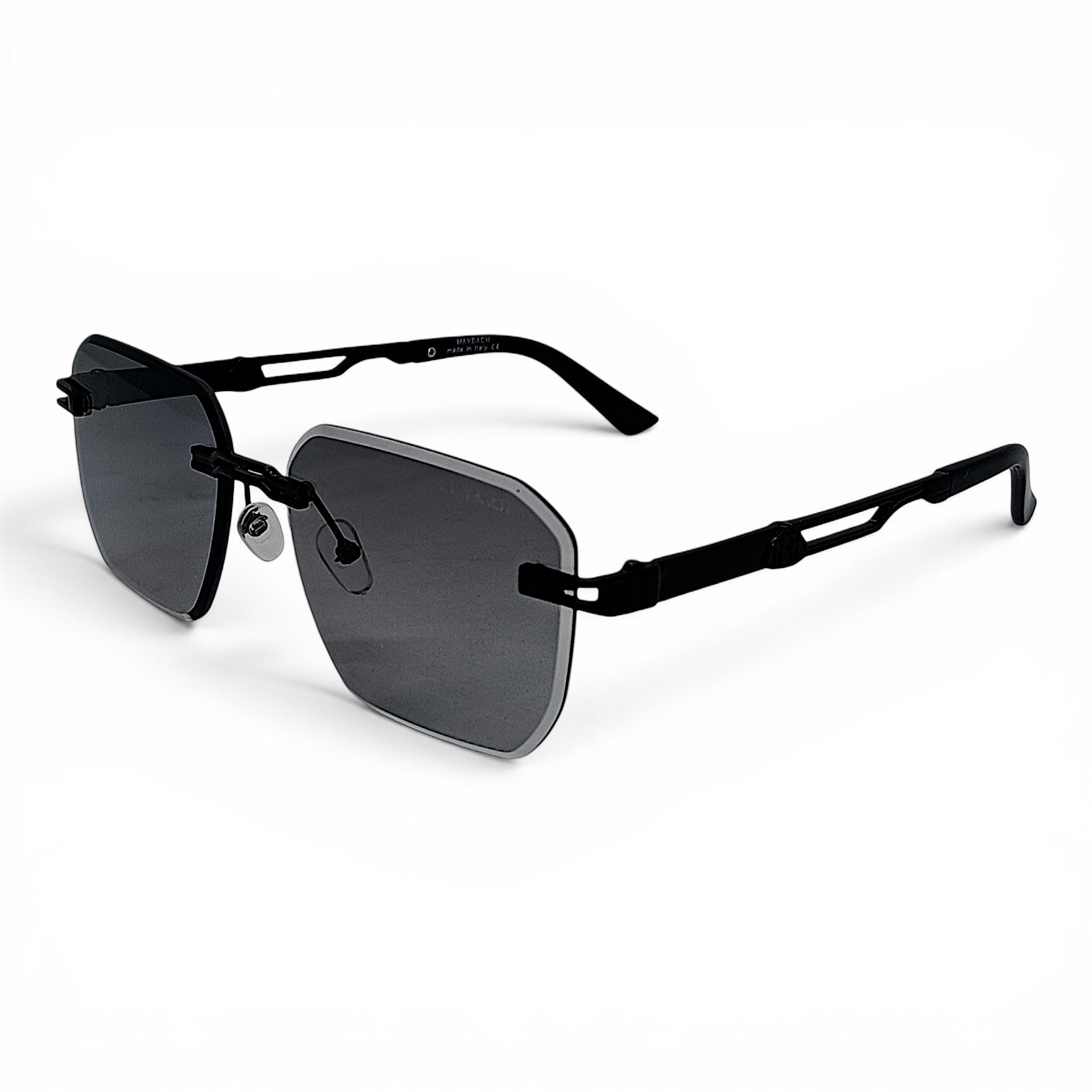 nadaraty eyewear May 02 photocromic blue cut lenses, rimless polygonal design, black metal frame, adaptable tint.