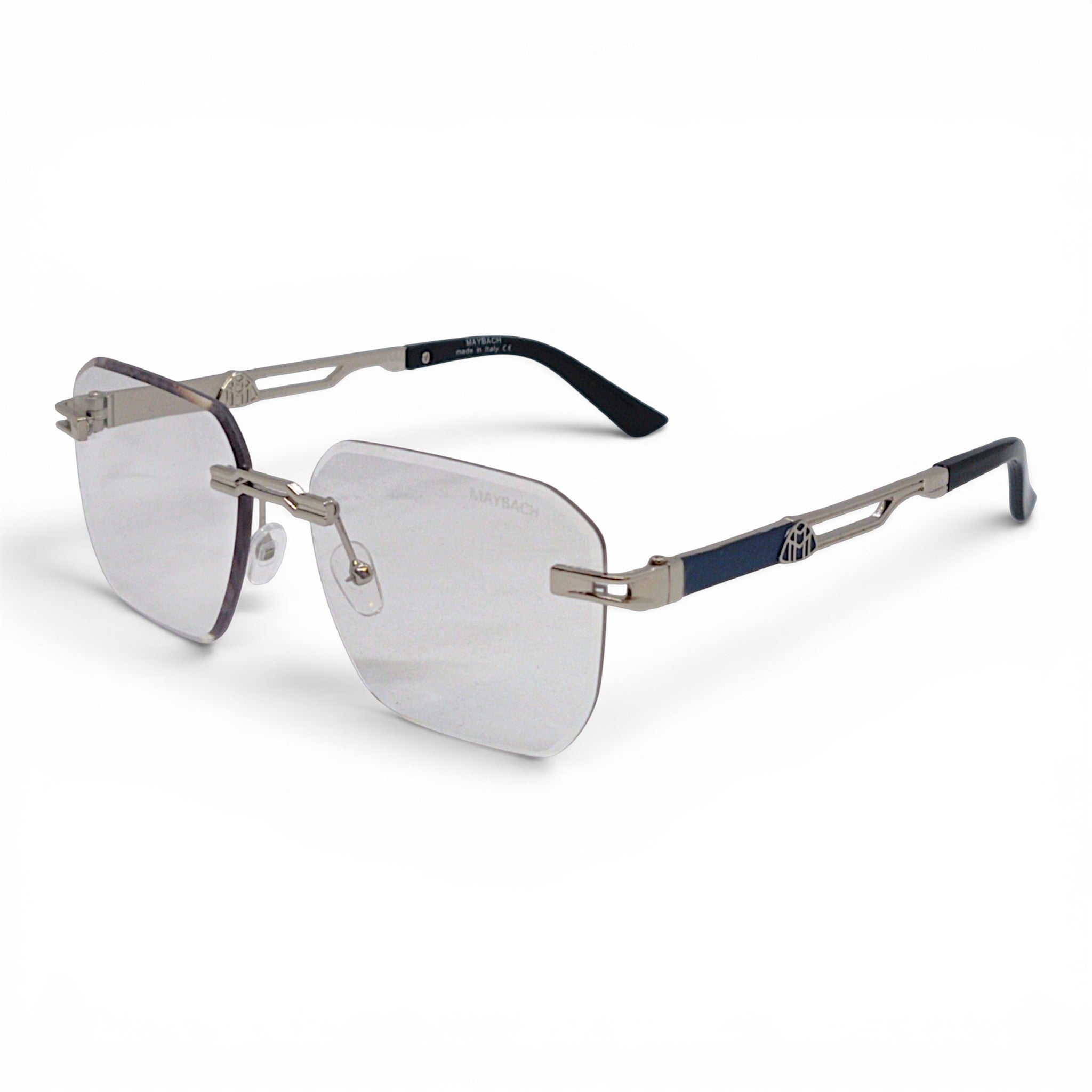 nadaraty eyewear Maybach photocromic blue cut rimless glasses with silver metal frame and blue accents on temples.