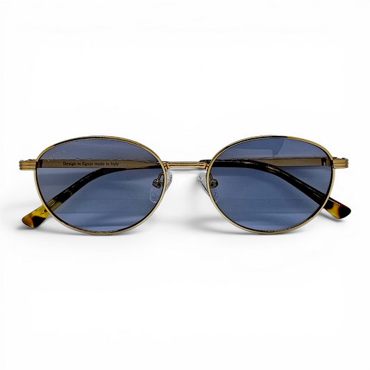 nadaraty eyewear Old Mony H 179 oval sunglasses with gold metal frames and blue tinted lenses