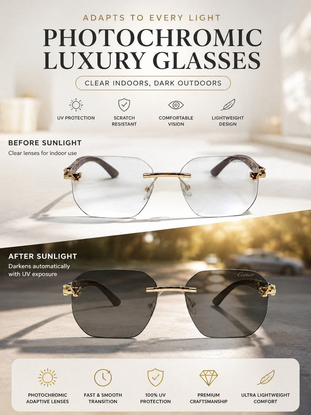 nadaraty eyewear frameless octagonal photochromic glasses with gold accents, clear indoors, dark outdoors.