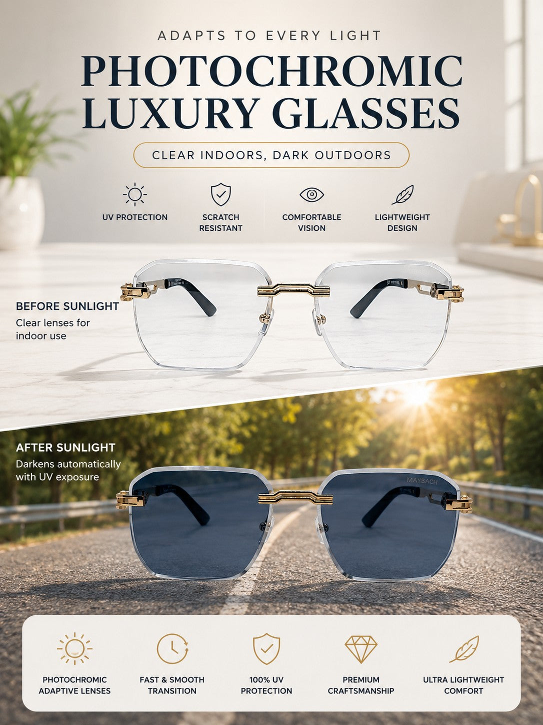 Nadaraty eyewear frameless octagonal photochromic glasses with gold accents, clear indoors and dark blue outdoors.