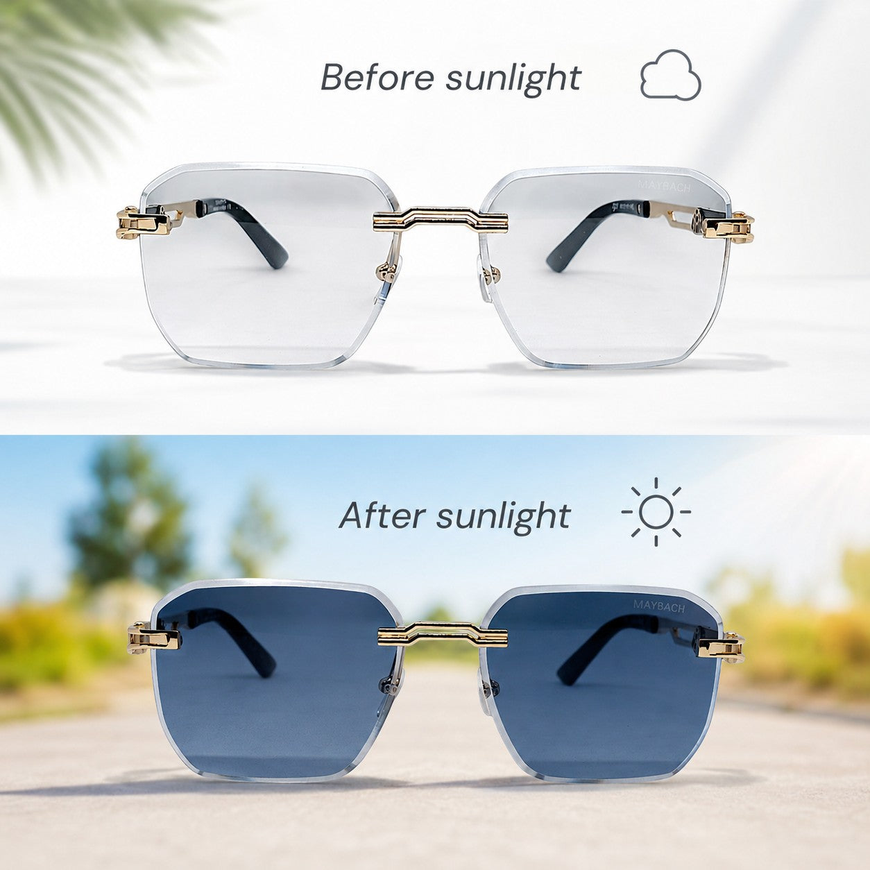 Nadaraty eyewear frameless square photocromic blue cut glasses, clear indoors, dark blue in sunlight.