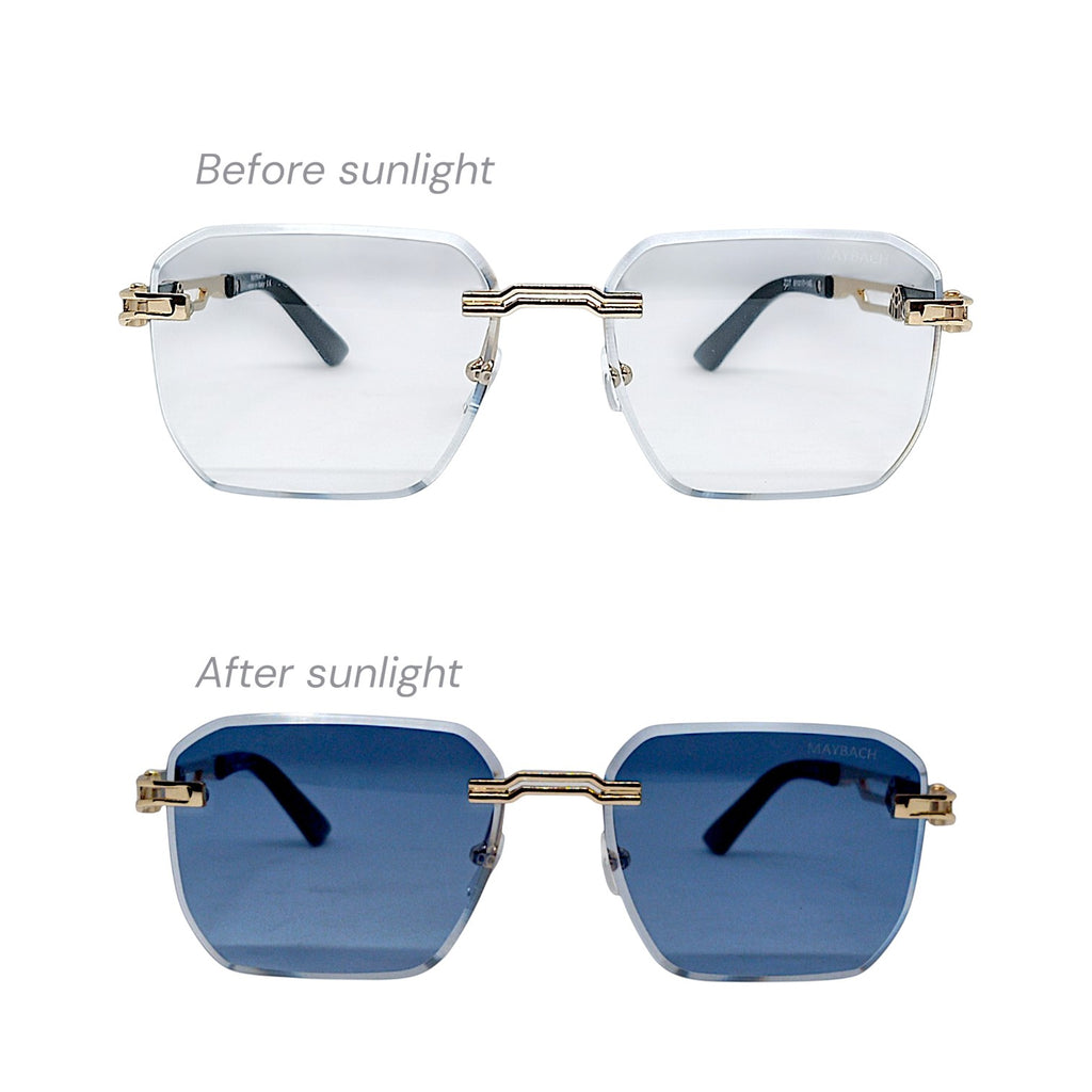 Nadaraty eyewear frameless octagonal photocromic blue light blocking glasses, clear indoors, dark blue in sunlight.