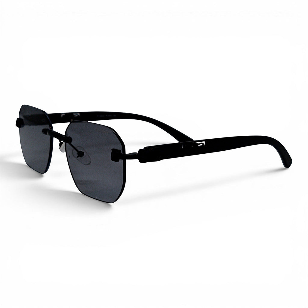 nadaraty eyewear Photocromic ctr 01 black rimless sunglasses with dark grey lenses and black arms.