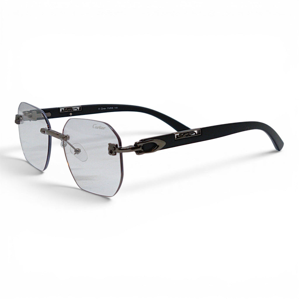 nadaraty eyewear Photocromic ctr 01 rimless sunglasses with clear lenses and black arms, featuring a subtle Cartier logo.