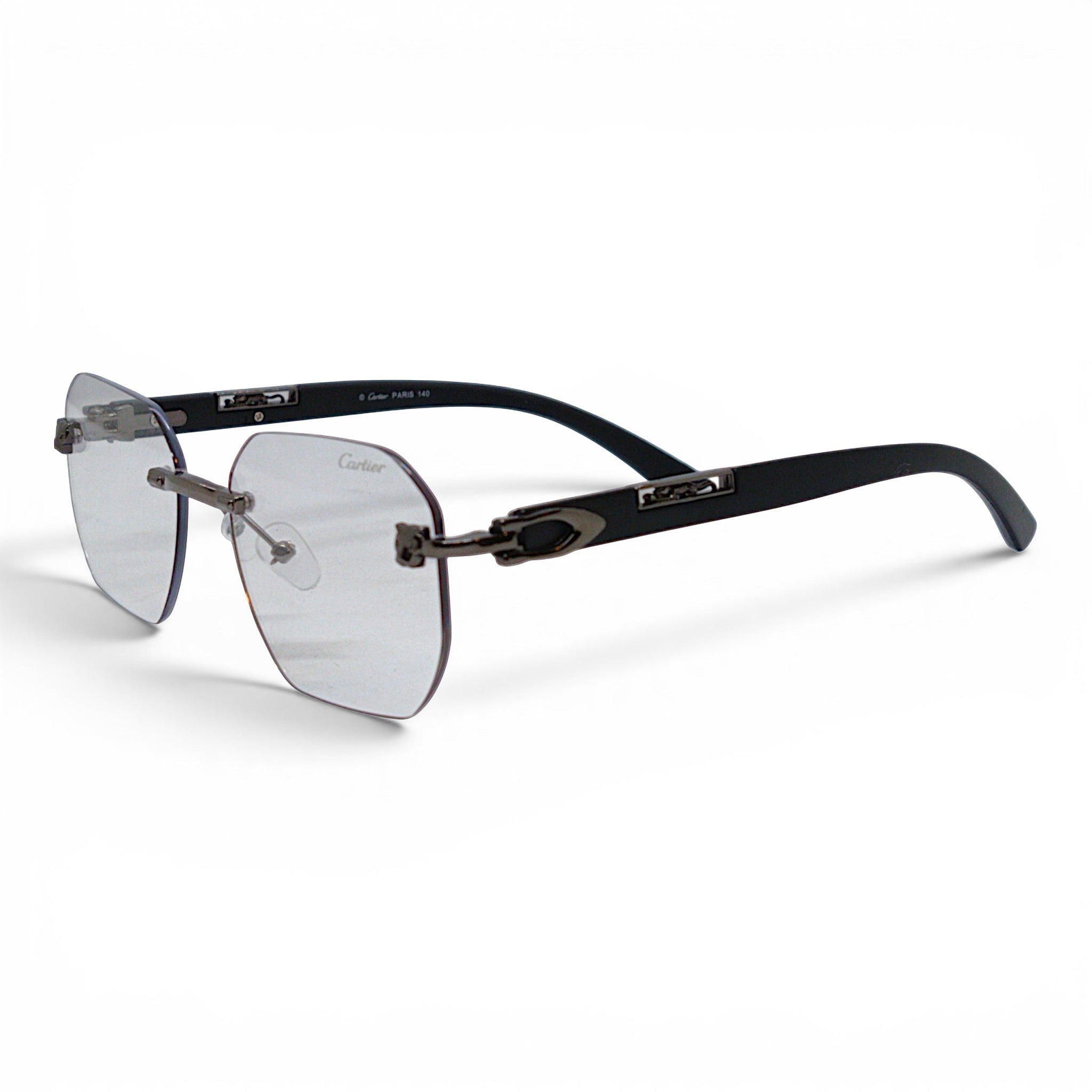 nadaraty eyewear Photocromic ctr 01 rimless sunglasses with clear lenses and black arms, featuring a subtle Cartier logo.