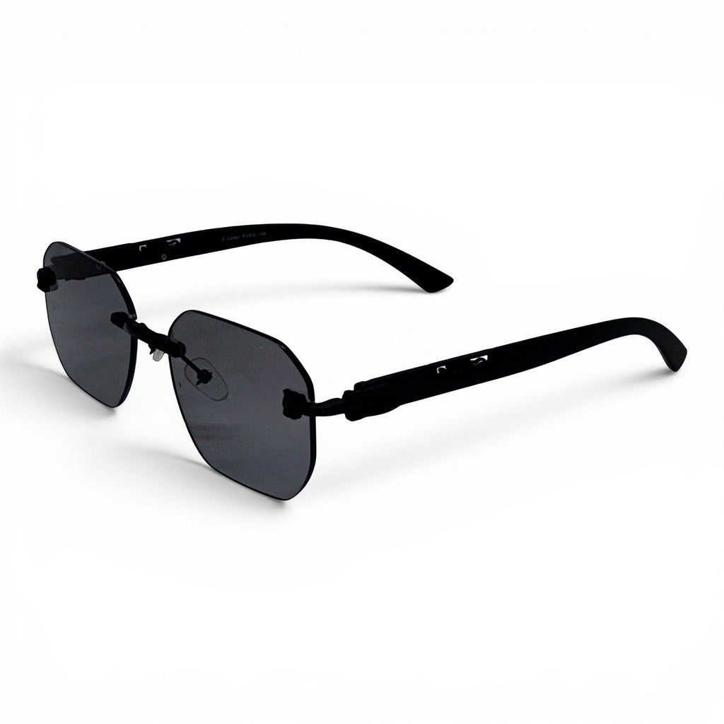 nadaraty eyewear Photocromic ctr 01 frameless octagonal sunglasses with dark grey lenses and black arms.