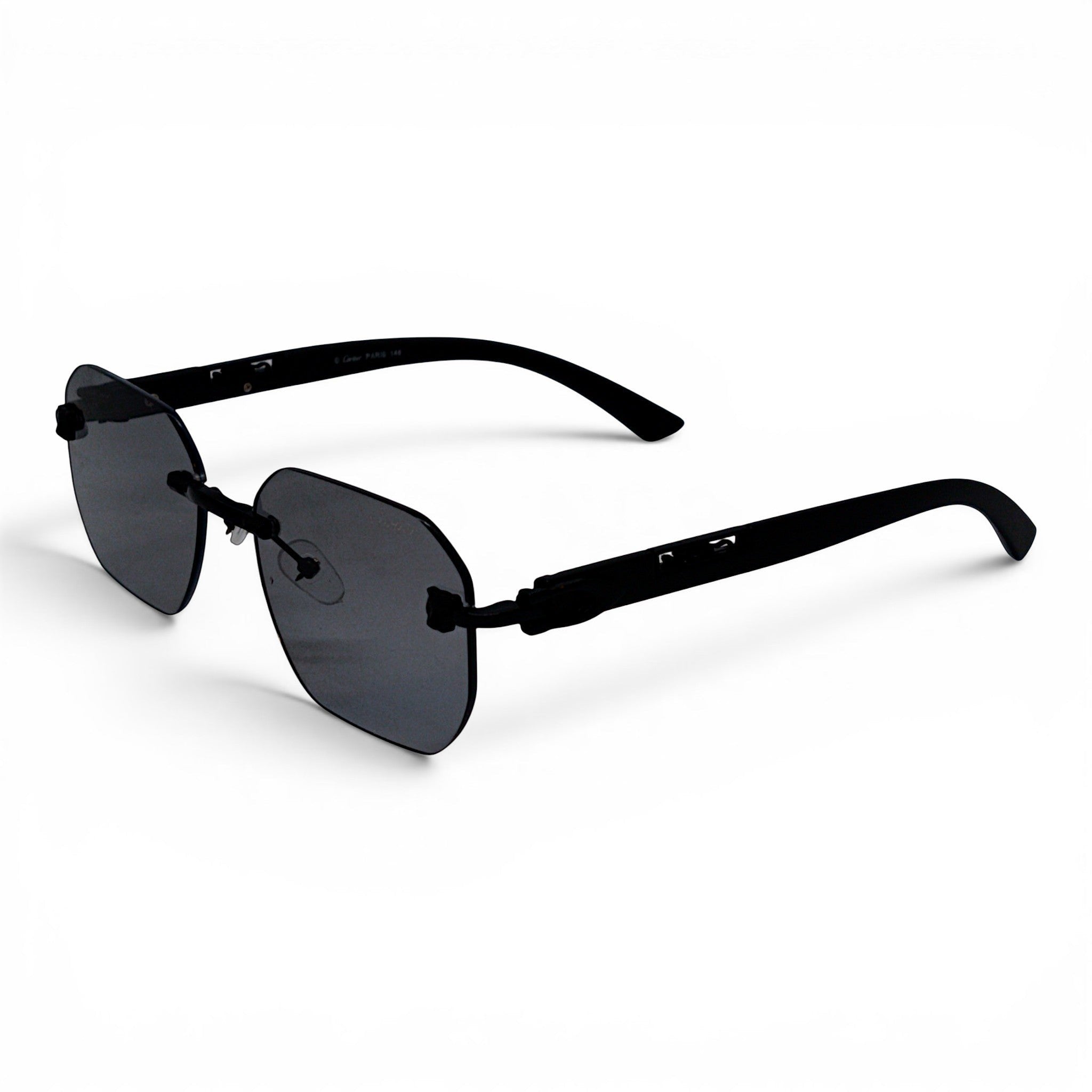 nadaraty eyewear Photocromic ctr 01 frameless octagonal sunglasses with dark grey lenses and black arms.