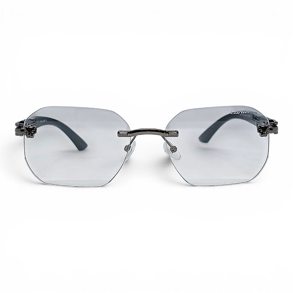 nadaraty eyewear Photocromic ctr 01 rimless octagonal sunglasses with gradient grey lenses and panther detail.