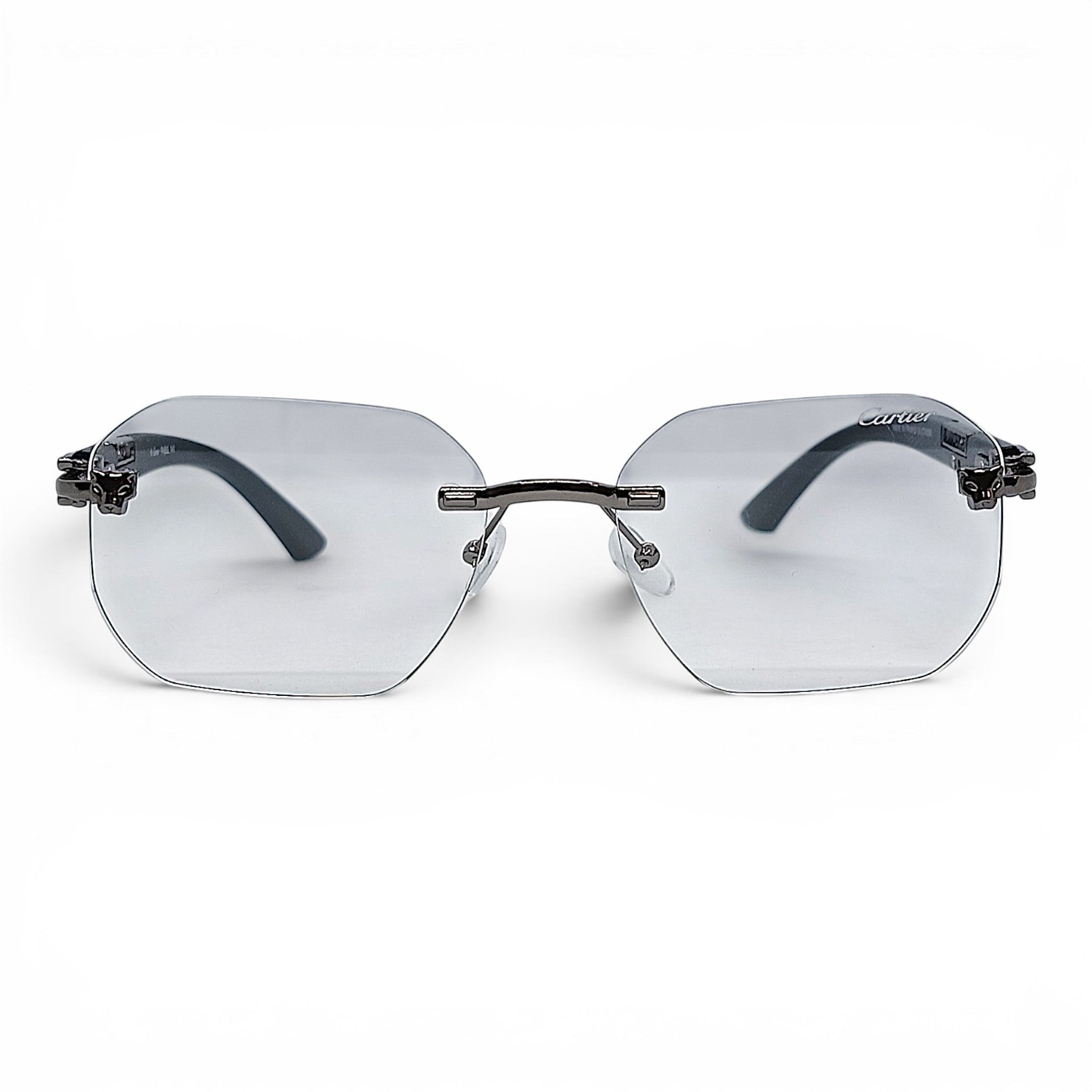 nadaraty eyewear Photocromic ctr 01 rimless octagonal sunglasses with gradient grey lenses and panther detail.