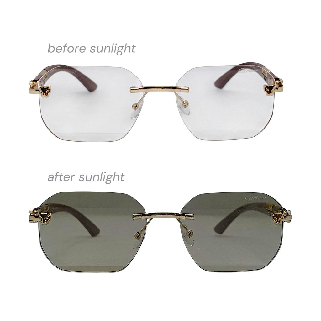 nadaraty eyewear Photocromic ctr 01 rimless octagonal sunglasses with gold accents and brown temples, changing from clear to grey