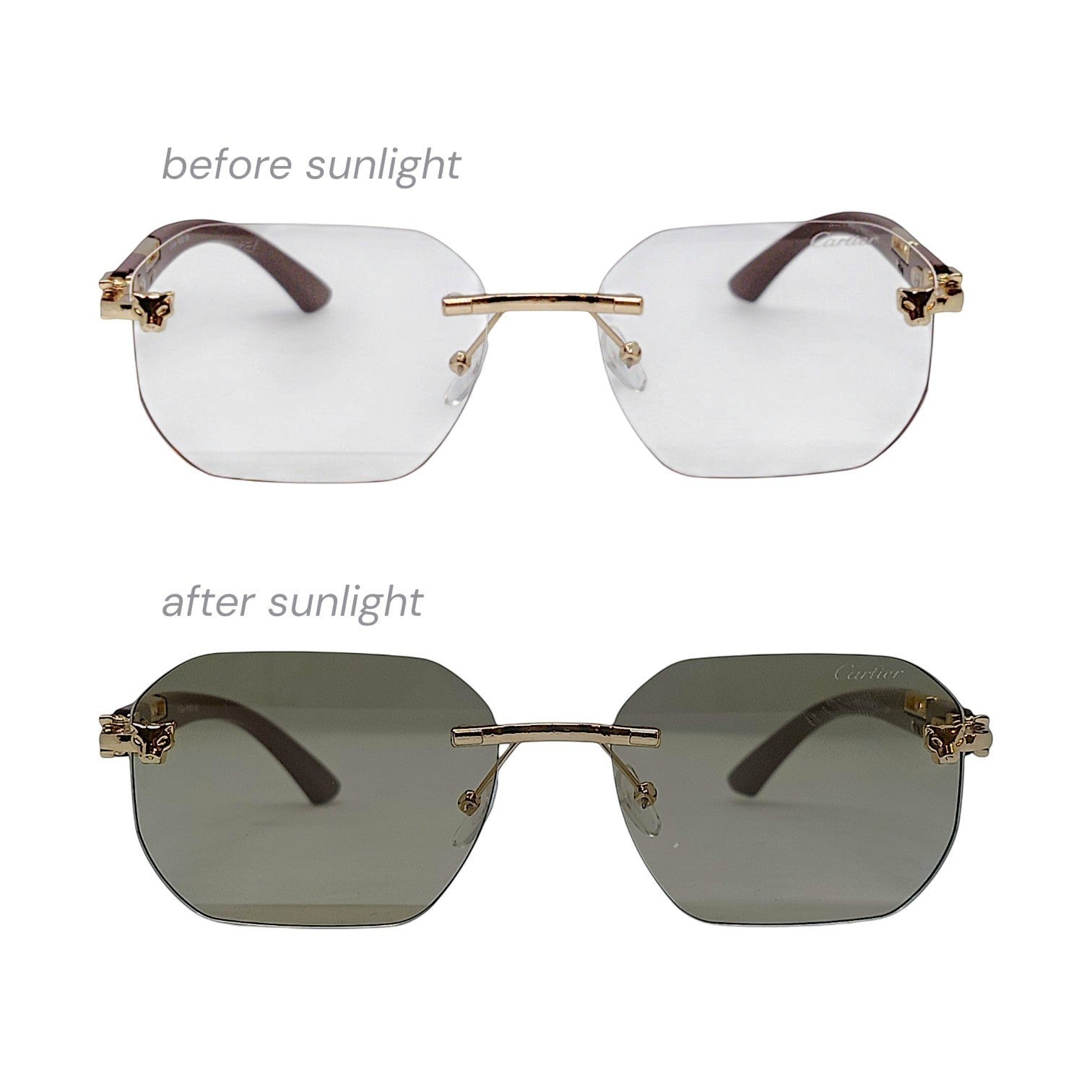 nadaraty eyewear Photocromic ctr 01 rimless octagonal sunglasses with gold accents and brown temples, changing from clear to grey