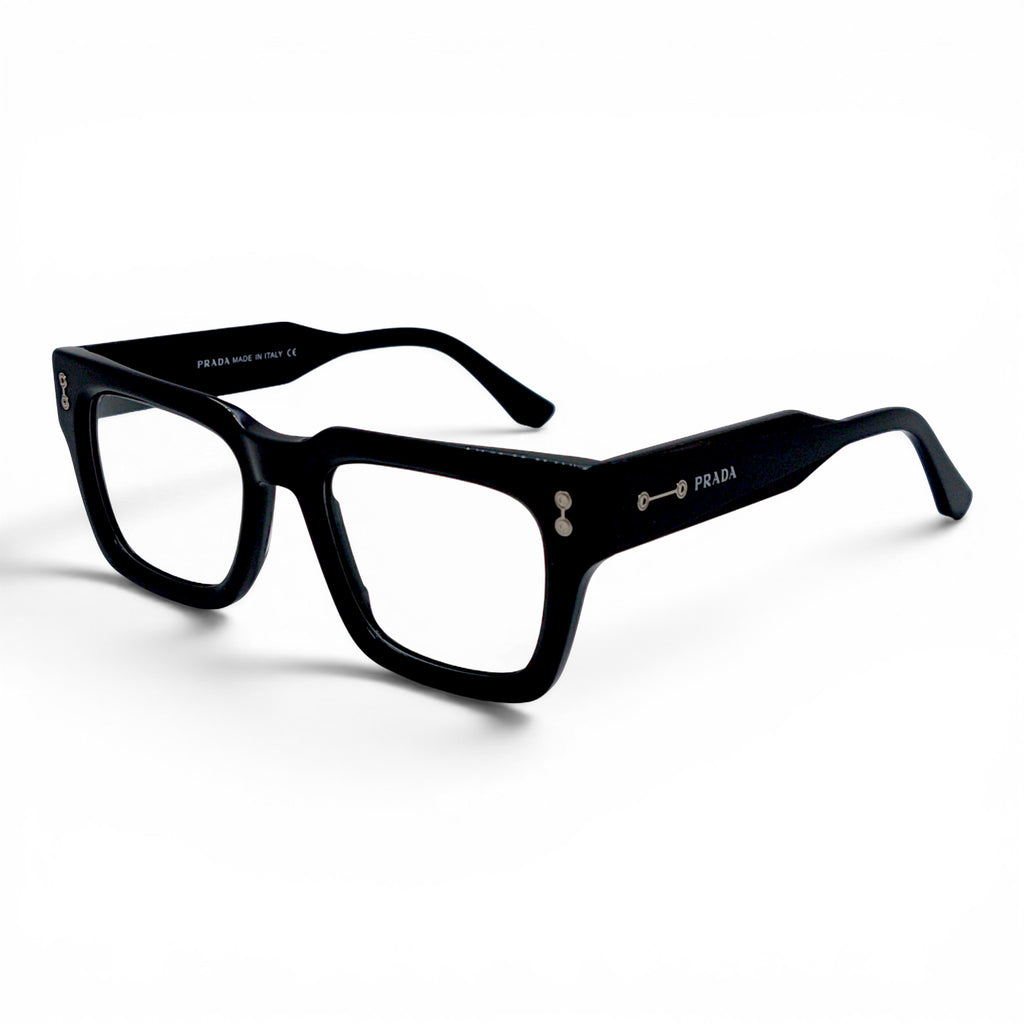 Nadaraty Eyewear PR 3766 black acetate square frame glasses with silver accents and Prada logo.