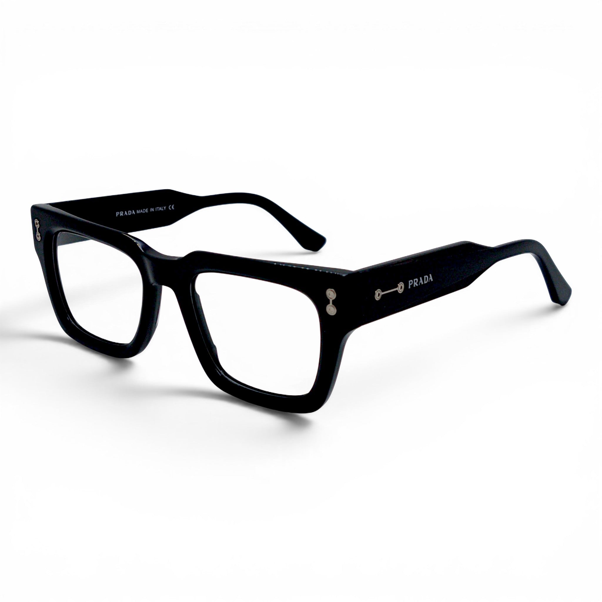 Nadaraty Eyewear PR 3766 black acetate square frame glasses with silver accents and Prada logo.