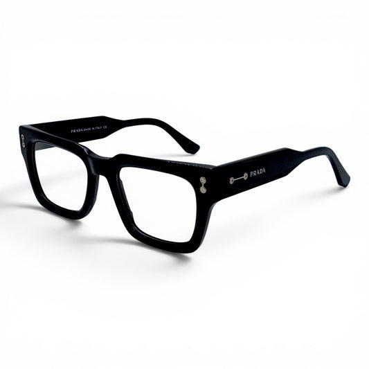 Nadaraty Eyewear PR 3766 black acetate square frame glasses with silver accents and Prada logo.