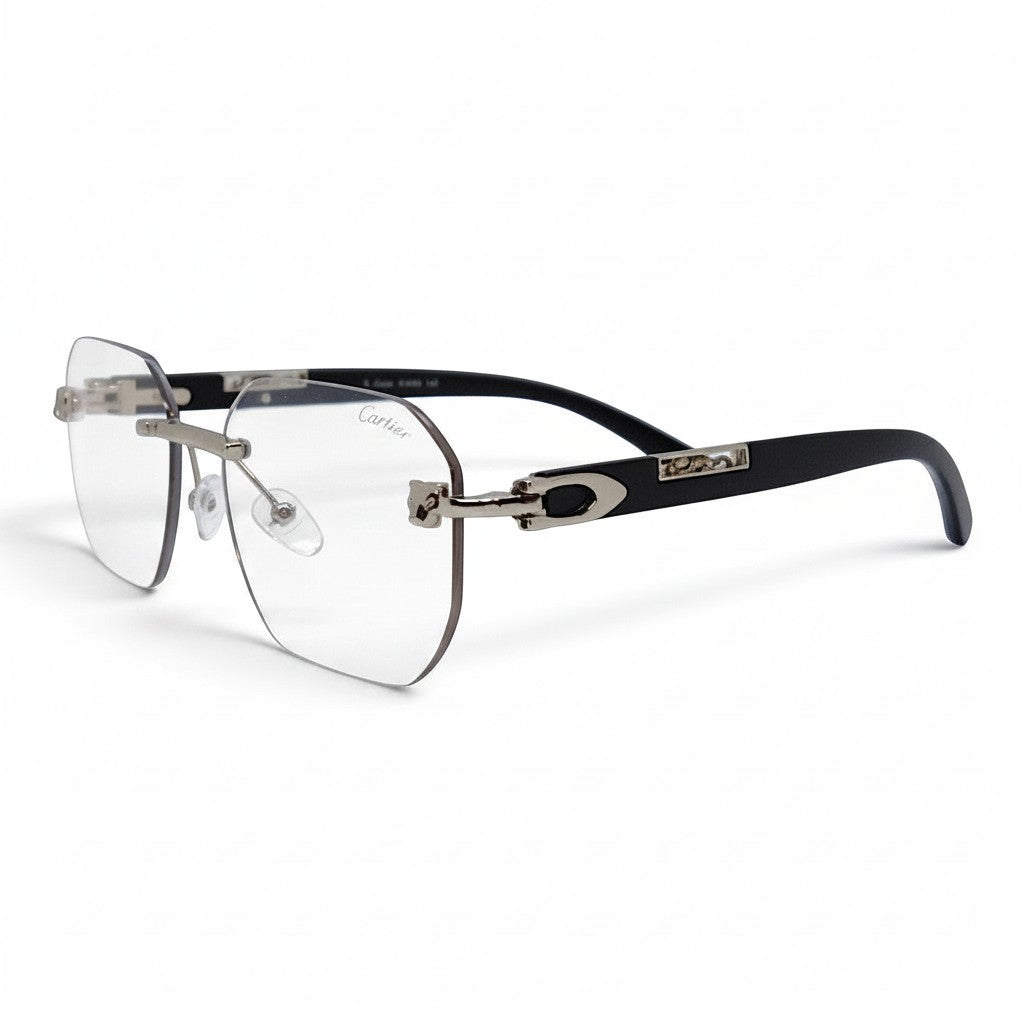 nadaraty eyewear rimless photochromic CTR 01 glasses with silver accents and black arms.