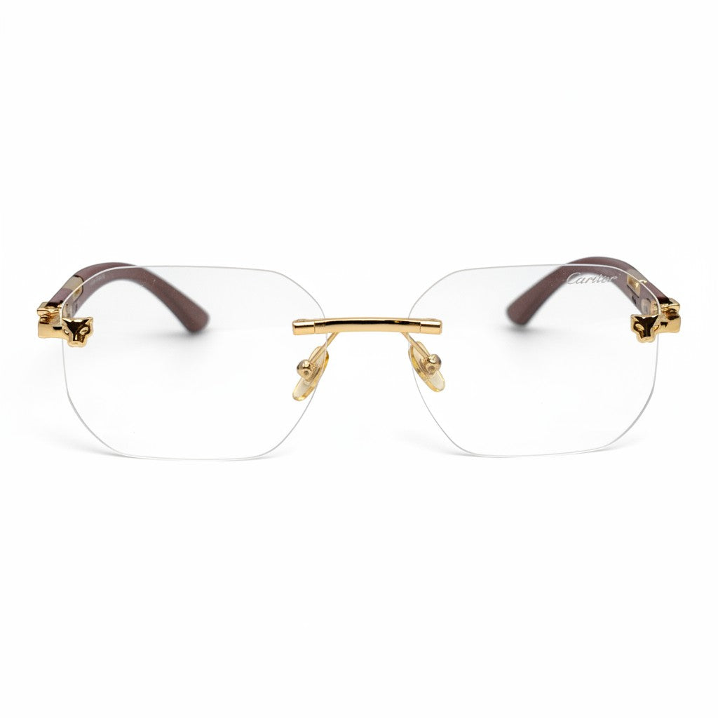 nadaraty eyewear rimless octagonal photochromic glasses with gold accents and brown temples.