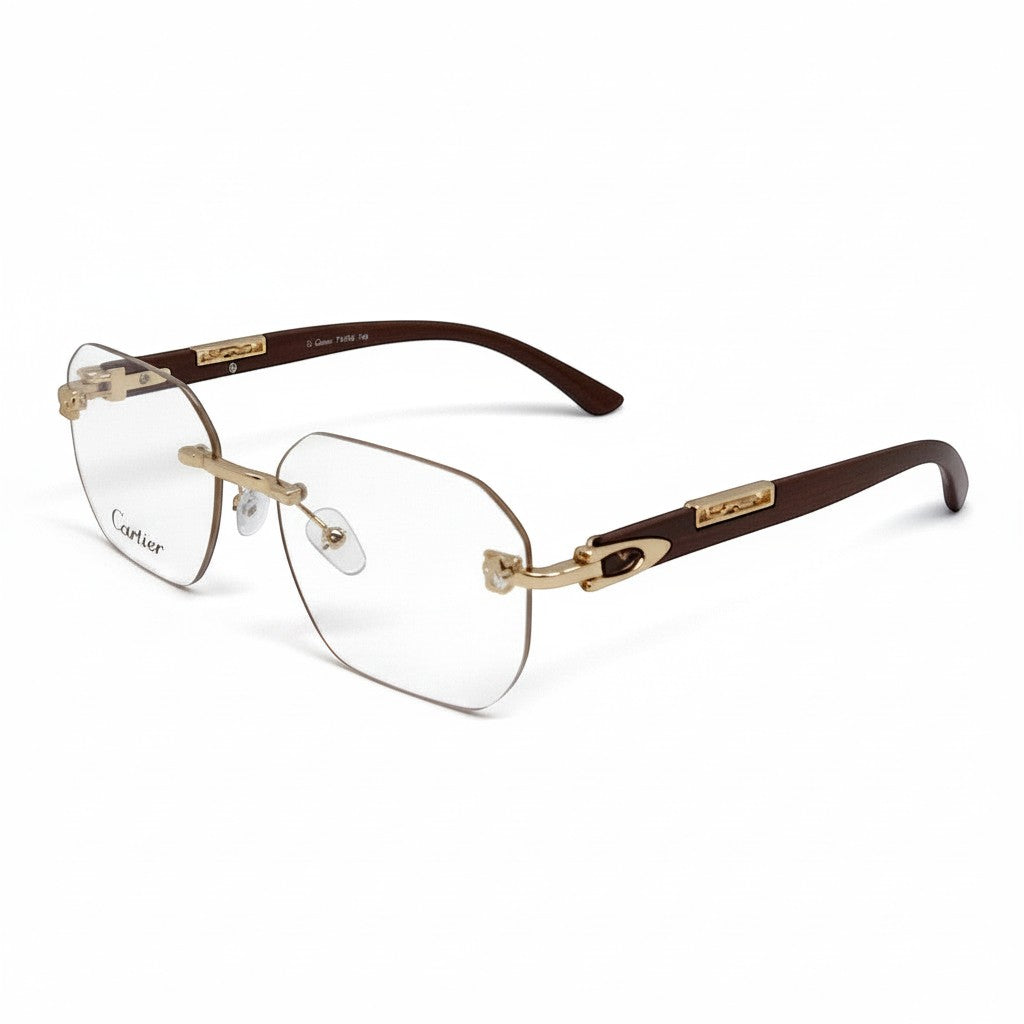 nadaraty eyewear rimless photochromic glasses with gold accents and brown wood-effect temples.