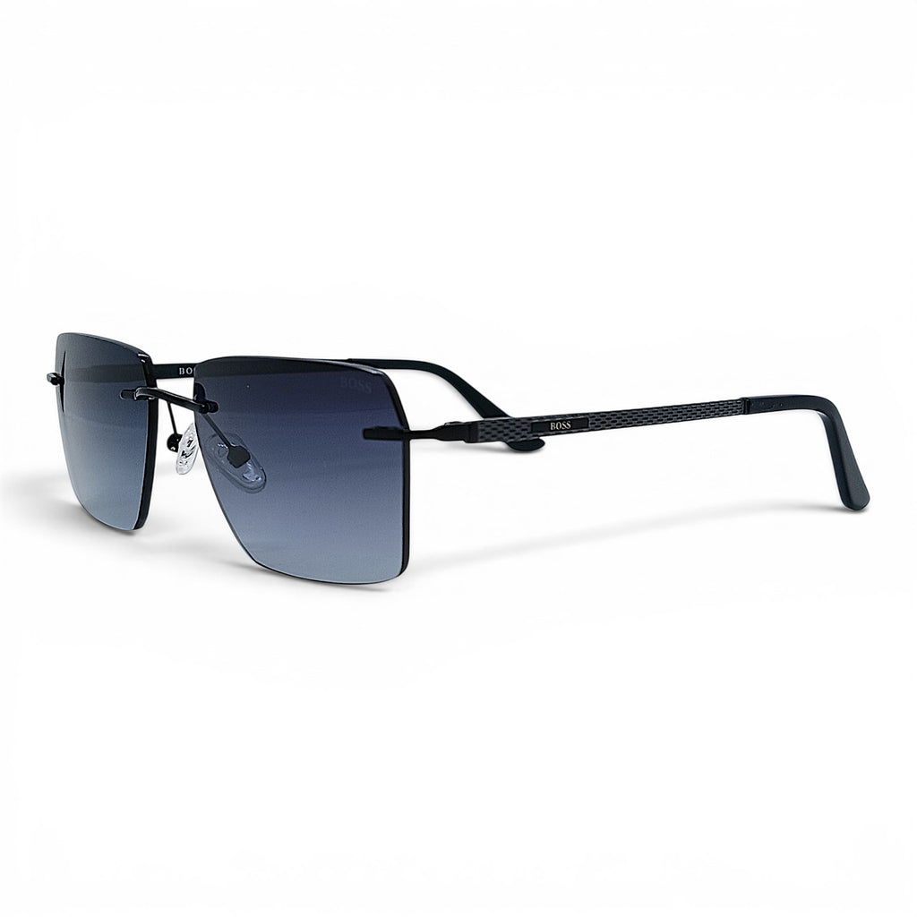 nadaraty eyewear rimless square sunglasses with gradient blue-to-black lenses and black metal frame with textured temples.