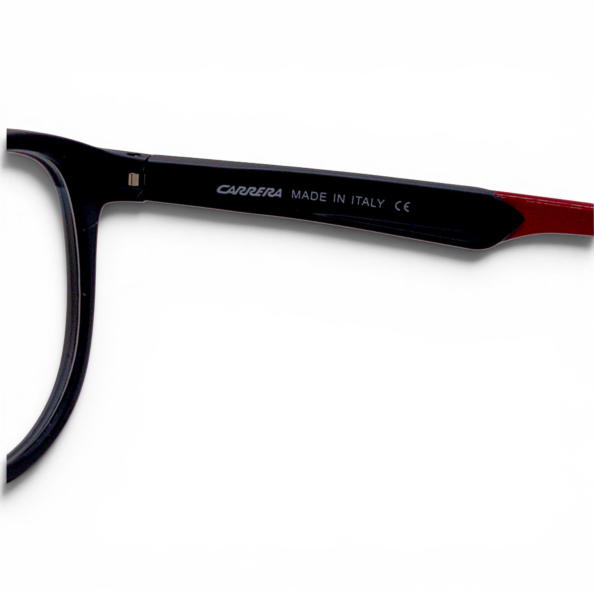 Nadaraty Eyewear black sporty glasses with red accents on the temples, made in Italy.